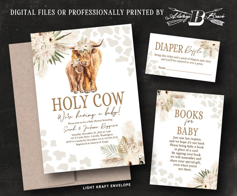 Highland Cow Baby Shower Invitation Boho Invitations Rustic Beige Flowers Bohemian CoEd Invites Neutral Flower Couples Invite