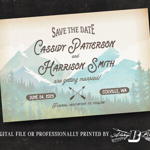 Vintage Mountain Save the Date Postcard | Outdoor Save the Dates | Watercolor Retro Trees Vintage Wedding Postcards Rustic Mountains