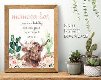 Highland Cow Momosa Bar Sign | Bohemian Shower Mimosa Bar | Instant Download Printable Digital File | Boho Shower Sign Cactus Baby Shower