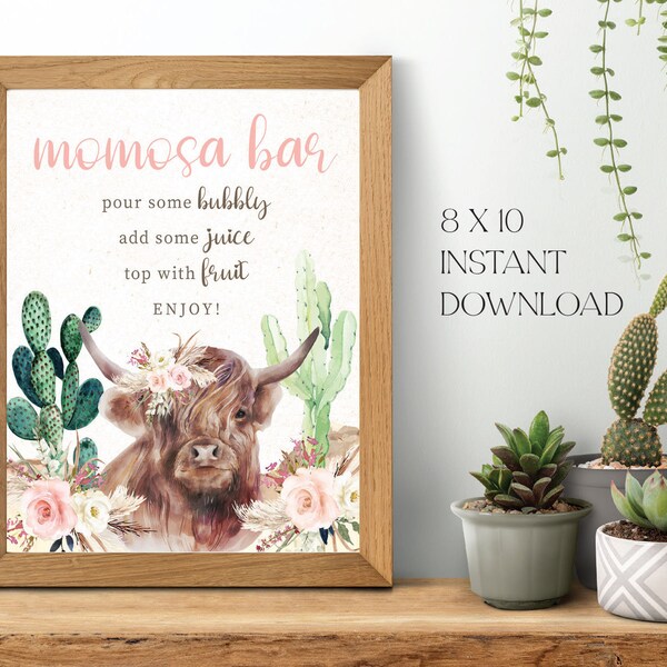 Highland Cow Momosa Bar Sign | Bohemian Shower Mimosa Bar | Instant Download Printable Digital File | Boho Shower Sign Cactus Baby Shower