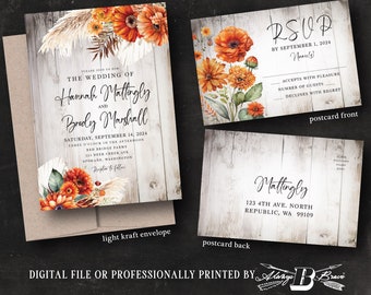 Wood & Flowers Wedding Invitation RSVP Postcard | Rustic Boho Invites | Fall Floral Invitations | Bohemian Orange Flower Barnwood Invite