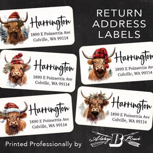 Christmas Return Address Labels | Highland Cow Stickers | Farm Sticker | Rustic Ranch Holiday Label Country Western Boho Business Packaging