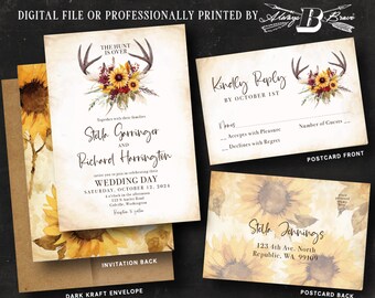 Deer Wedding Invitation & RSVP Sunflower Invitations Maroon Flowers Antler Boho Invites Bohemian Country Western Reception Invite