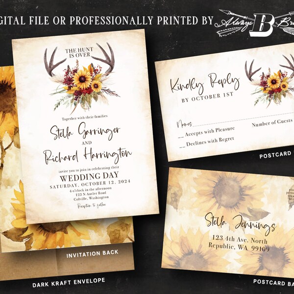 Deer Wedding Invitation & RSVP Sunflower Invitations Maroon Flowers Antler Boho Invites Bohemian Country Western Reception Invite