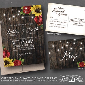 Red Rose Sunflower Wedding Invitation SET Rustic Barnwood Invites Fall Invite RSVP Wood & Lights Invitations Printed or File Sunflowers image 2