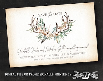 Deer Antler Save the Date Postcards | Vintage Boho Save the Dates | Cotton Wedding Postcards | Rustic Greenery Printed or Printable