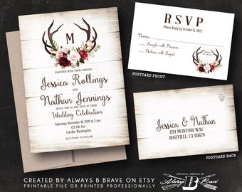 Deer Antler Wedding Invitation | Boho Invitations & RSVP | Wood Pink Maroon Rose Flowers Bohemian Invite | Rustic Invites Printed or File