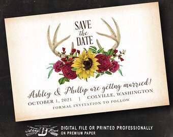 Rustic Burgundy Floral Printed or Printable Deer Antler Save the Dates Fall Boho Wedding Postcards Sunflower Save the Date Postcards