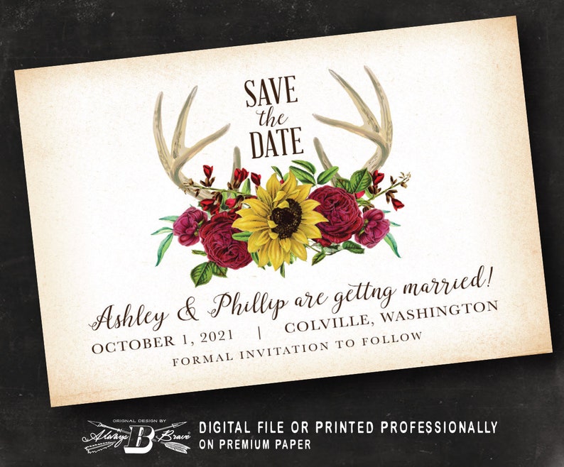Rustic Burgundy Floral Printed or Printable Deer Antler Save the Dates Fall Boho Wedding Postcards Sunflower Save the Date Postcards