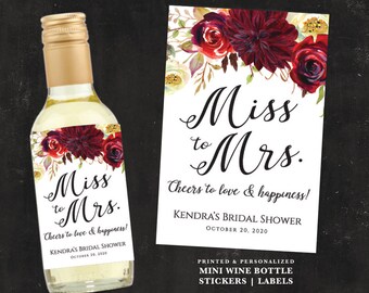 Personalized Mini Wine Bottle Labels | Red Rose Stickers | Vintage Maroon Floral Label Miss to Mrs. Bridal Shower Favor Adhesive Sticker