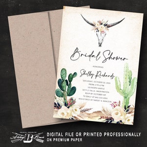 Bull Skull Bridal Shower Invitation | Bohemian Invitations | Southwestern Boho Cactus Invites | Western Desert Aztec Invite Ivory Flowers