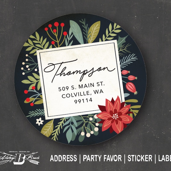 Rustic Christmas Return Address Label | Vintage Floral Labels | Modern Holiday Stickers | Whimsy Flower Business Sticker