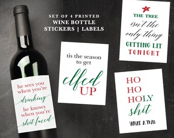 Funny Christmas Wine Bottle Labels | Naughty Wine Sticker | Elfed up Wine Bottle Stickers | Holiday Party Favors