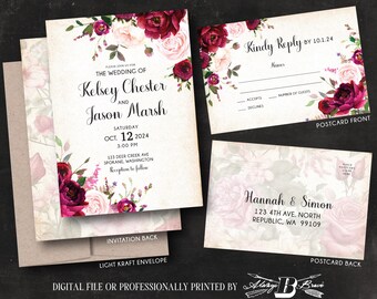 Burgundy Flowers Wedding Invitation | Modern Rustic Floral Invitations | Country Chic Blush Maroon Flower Invites & RSVP Printed or File