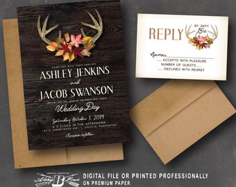 Deer Antler Wedding Invitation & RSVP | Fall Invitations | Rustic Invites | Barnwood Orange Gold Leaves Invite Printed or Printable