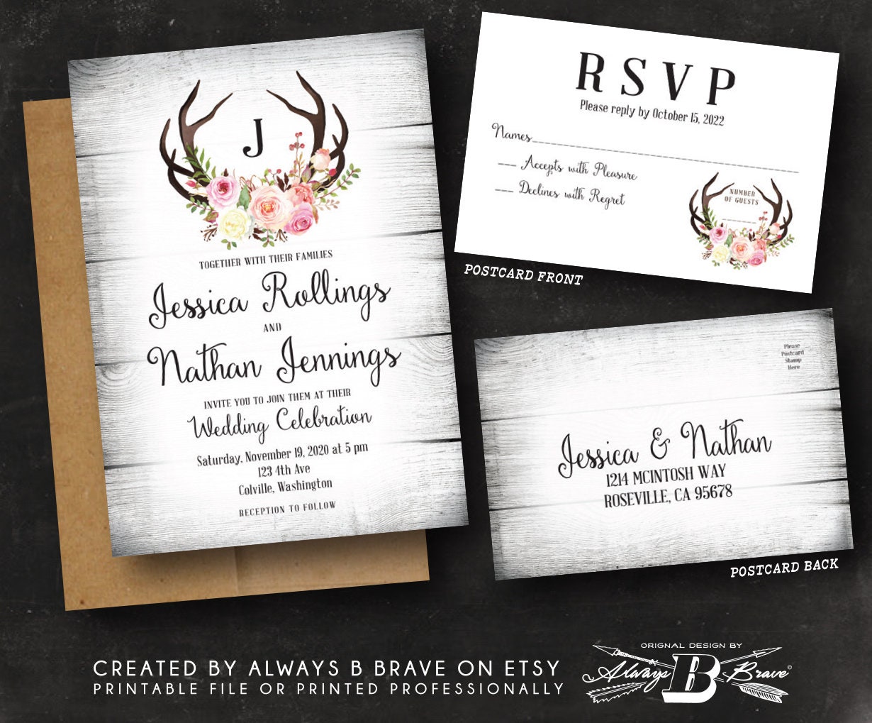 Deer Antler Wedding Invitations Rustic Invitation & RSVP Etsy