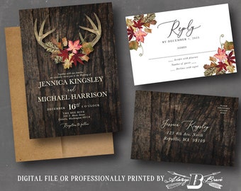 Deer Antler Wedding Invitation & RSVP Postcard | Country Invites | Wood Fall Invitations | Rustic Leaves Invite Barnwood Antlers Bohemian