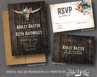 Longhorn Wedding Invitation | Rustic Invitations RSVP | Western Invites | Barnwood Turquoise Orange Flowers Invite | Cow Skull Steer Ranch