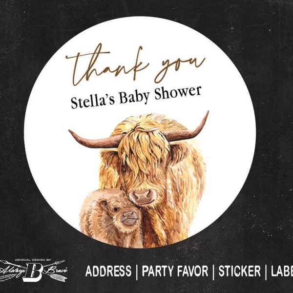 Highland Cow Thank you Label | Western Stickers | Bohemian Labels | Calf Baby Shower Favors Country Party Favor | Rustic Business Sticker