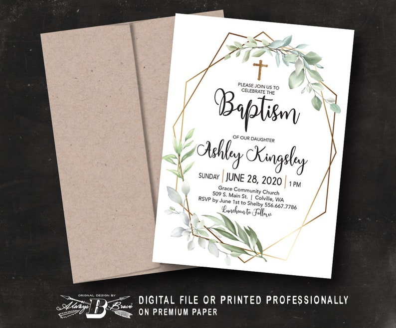 Religious Invites Printed OR Printable Greenery Invitations Gold Geometric Invite Baptism Invitation