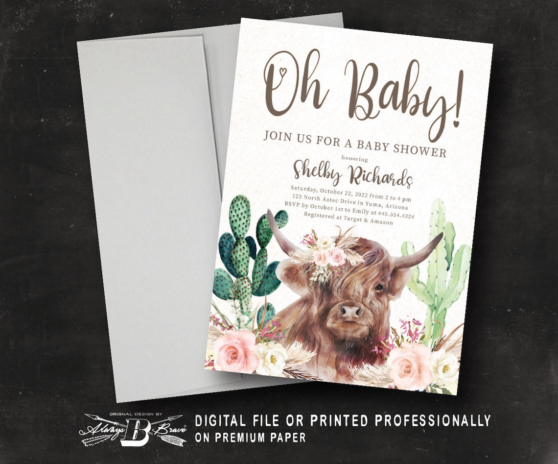 Highland Cow Baby Shower Invitation Bohemian Invitations Etsy Finland