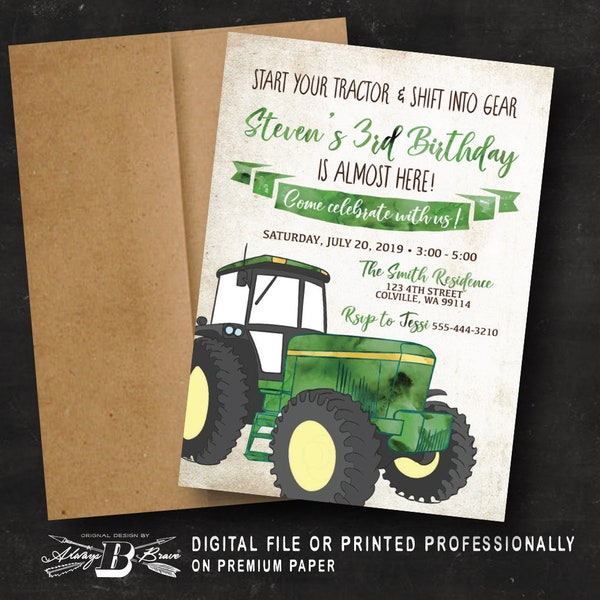 Big Green Tractor Birthday Invitation | Farmer Invitations | Farming Shift into Gear Invites | Rustic Farm Invite Printed or Printable