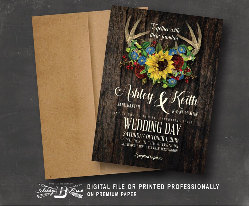Rustic Boho Invites Maroon Blue Sunflower Invite Printed or Printable Deer Antler Wedding Invitation Country Wood Floral Invitations