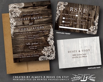 Lace Wedding Invitation | Rustic Wedding Invitations & RSVP | Modern Wood Wedding Invites | Country Chic Invite Printed or Printable