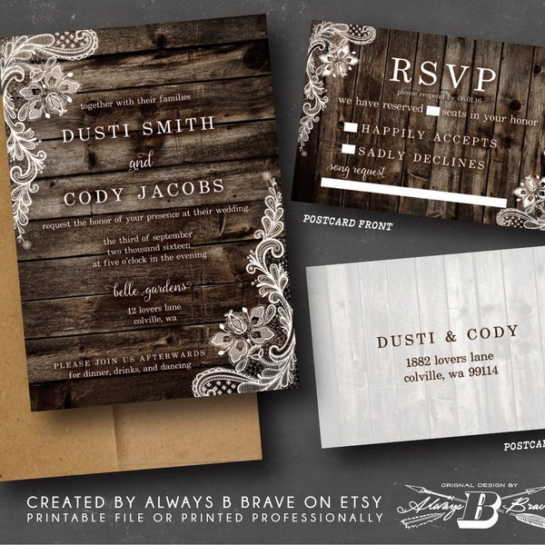 Lace Wedding Invitation | Rustic Wedding Invitations & RSVP | Modern Wood Wedding Invites | Country Chic Invite Printed or Printable