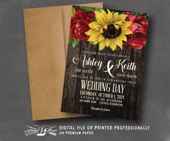 Red Roses Sunflower Wedding Invitation Rustic Invitations Etsy
