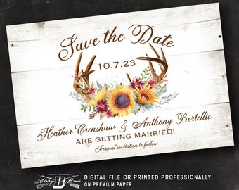 Sunflower Save the Date Postcard | Wedding Announcement | Rustic Antlers Wedding | Vintage Floral Deer Horns Country Chic