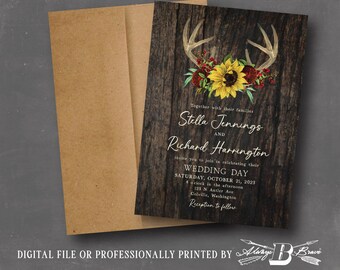 Deer Antler Wedding Invitation | Sunflower Invitations | Maroon Flowers Barnwood Invites Country Western Invite Printed or File Fall Floral