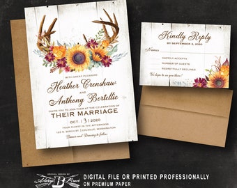 Sunflower Wedding Invitations & RSVP | Rustic Antlers Invitation Set | Fall Flower Invites Autumn Flowers Invite Printed or File Sunflowers