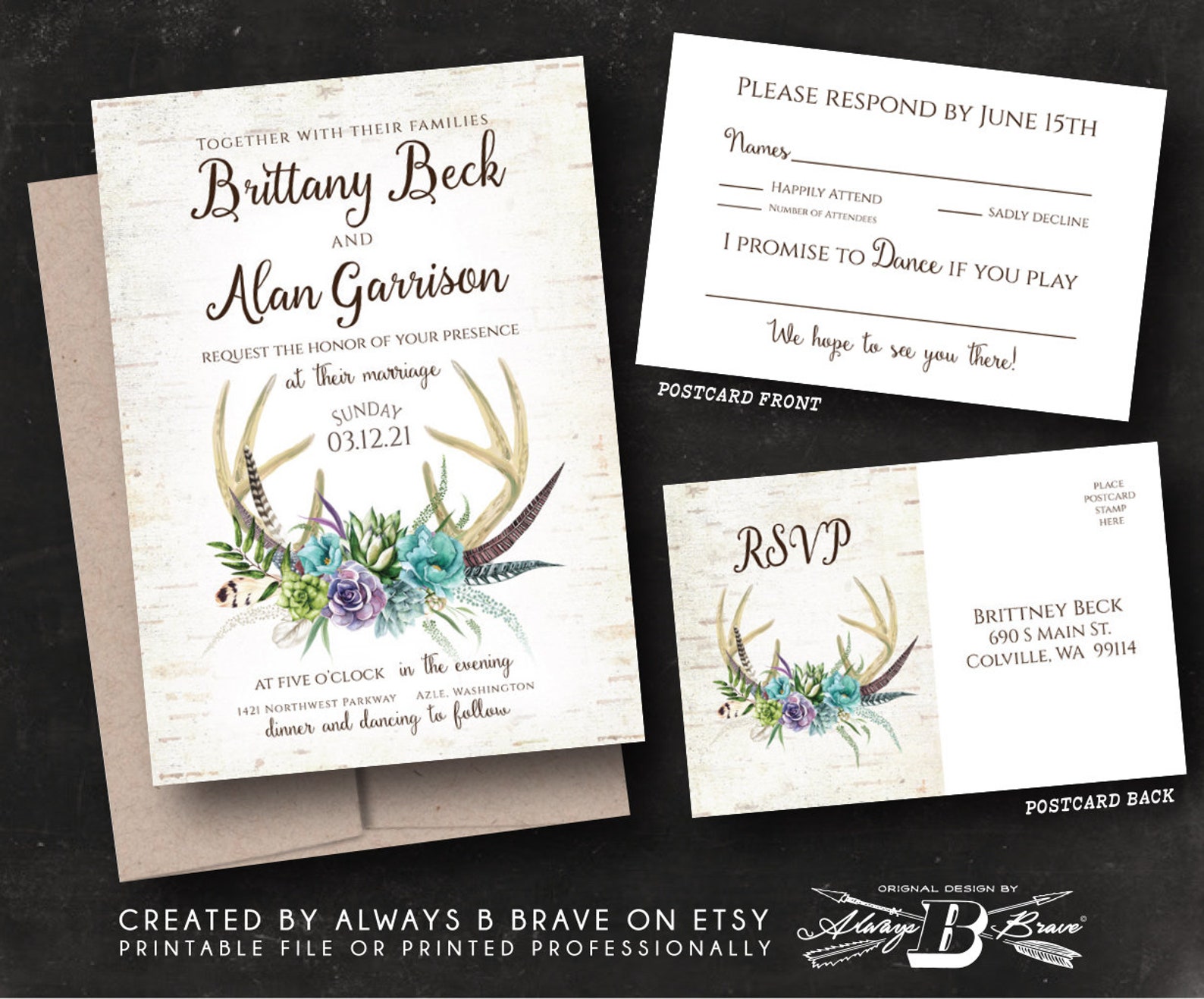 Deer Antler Wedding Invitation Rustic Invitations & RSVP Etsy