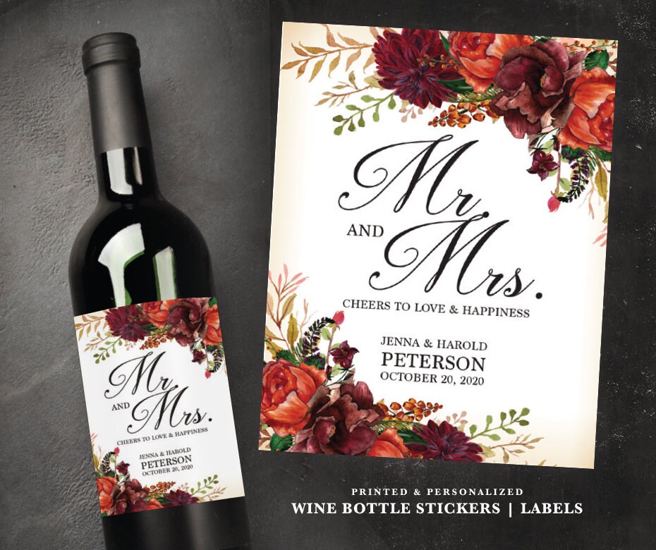Personalized Wine Bottle Labels | Rustic Cheers Sticker | Fall Label | Burnt Orange Floral Wedding Favor | Maroon Mr. & Mrs. Stickers