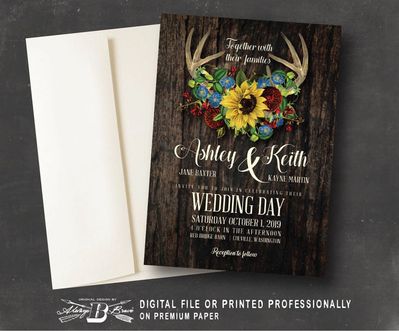 Rustic Boho Invites Maroon Blue Sunflower Invite Printed or Printable Deer Antler Wedding Invitation Country Wood Floral Invitations