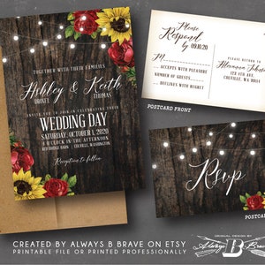 Red Rose Sunflower Wedding Invitation SET Rustic Barnwood Invites Fall Invite RSVP Wood & Lights Invitations Printed or File Sunflowers image 1