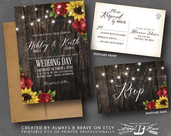 Red Rose Sunflower Wedding Invitation SET | Rustic Barnwood Invites | Fall Invite RSVP Wood & Lights Invitations Printed or File Sunflowers