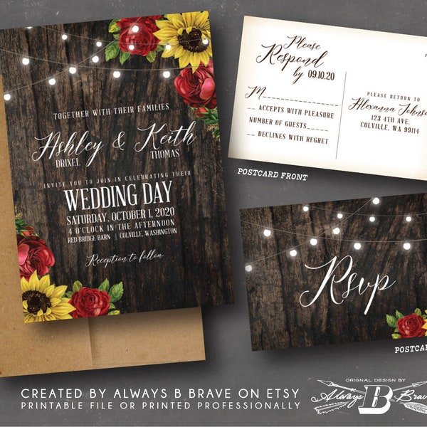 Red Rose Sunflower Wedding Invitation SET | Rustic Barnwood Invites | Fall Invite RSVP Wood & Lights Invitations Printed or File Sunflowers