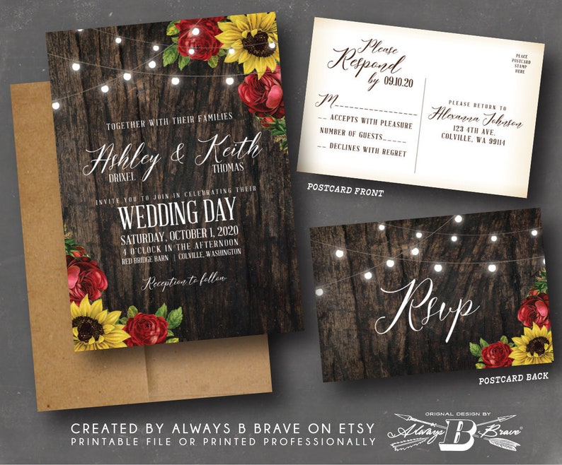 Red Rose Sunflower Wedding Invitation SET Rustic Barnwood Invites Fall Invite RSVP Wood & Lights Invitations Printed or File Sunflowers image 1