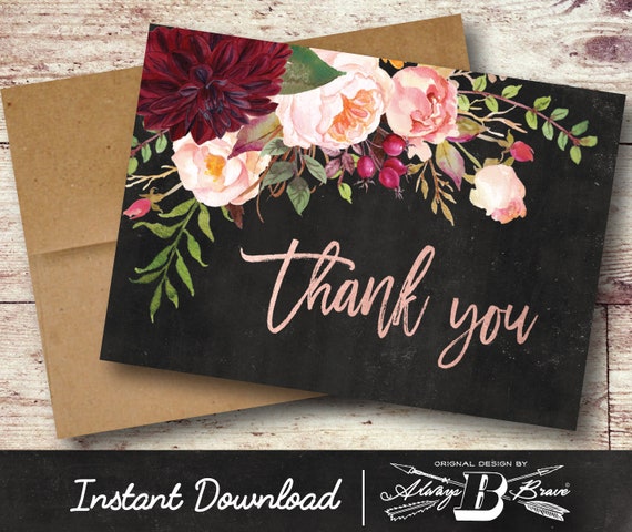 Diy Printable Thank You Card Instant Download Rustic Pink Peony Flowers Paper Paper Party Supplies