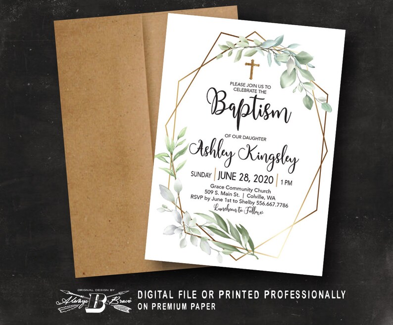 Religious Invites Printed OR Printable Greenery Invitations Gold Geometric Invite Baptism Invitation