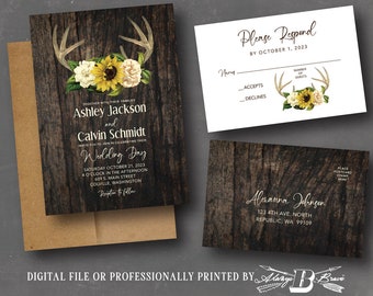 Deer Antler Wedding Invitation | Sunflower Invitations & RSVP | Rustic Barnwood Flowers Invites Fall Country Western Invite Printed or File