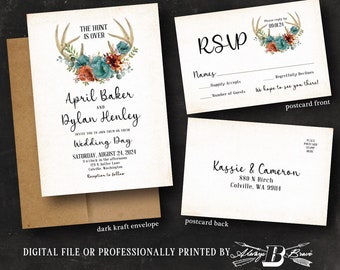 Deer Antler Wedding Invitation & RSVP | Fall Invitations Teal Flowers Invite Rustic Boho Terra Cotta Flowers Invites Bohemian Antlers Floral