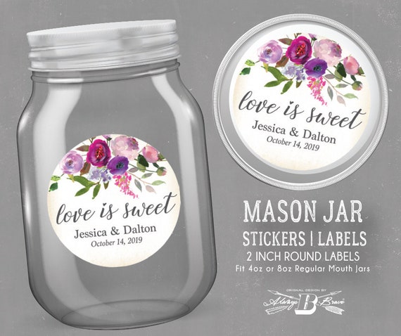 Love is Sweet Mason Jar Labels | Purple Floral Wedding Favor Stickers | Watercolor Flower Label | Rustic Shower Favors | Business Sticker