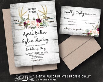 Deer Antler Wedding Invitation & RSVP | The Hunt is Over Invites | Wood Roses Flowers Invitations | Rustic Barnwood Invite Printed or File