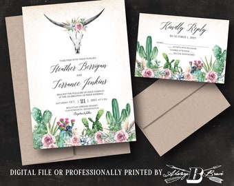 Bull Skull Wedding Invitation & RSVP | Western Invitations | Cactus Invite | Boho Bohemian Invites Aztec Southwestern Succulent Flowers