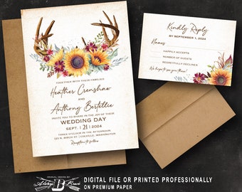 Deer Antler Wedding Invitation & RSVP  | Sunflower Invitations | Rustic Boho Invites | Country Chic Fall Invite Bohemian Sunflowers