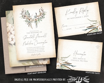 Boho Wedding Invitation & RSVP | Deer Antler Invitations | Cotton Greenery Invites | Rustic Antlers Bohemain Invite Printed or File