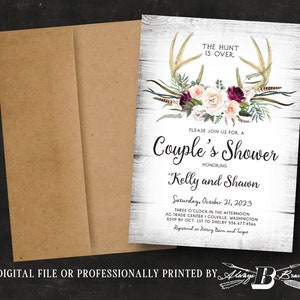 Deer Antler Couple's Shower Invitation | Boho The Hunt is Over Invitations | Rustic Bohemian Wedding Invites Barnwood Invite Printed or File